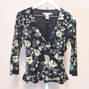 Geoffrey Beene Sport Womens M Floral Mesh Top V-Neck 3/4 Sleeve Fairy Whimsy Y2k